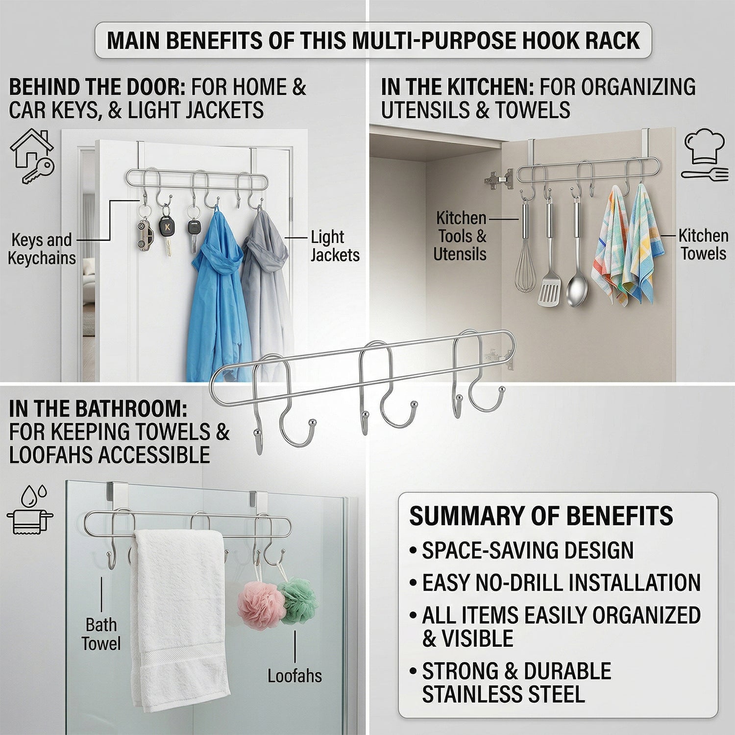 Premium Wall Mounted Metal Multi Hook Rack (1 Pc)